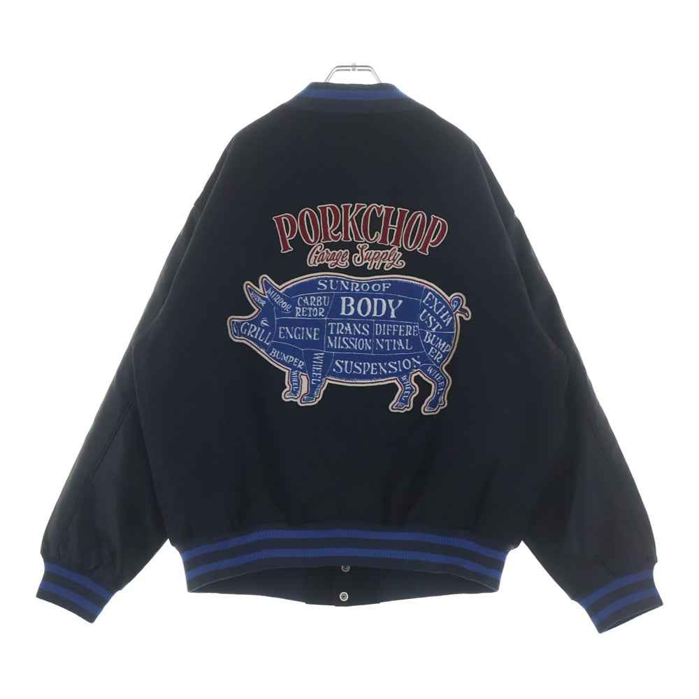 PORKCHOP(ポークチョップ) アームフェイクレザー バックロゴワッペン スタジアムジャケット ブラック