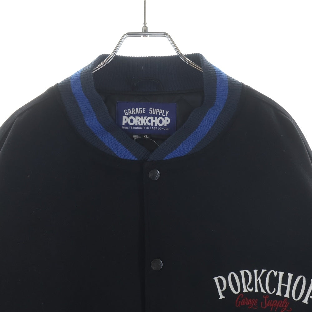 PORKCHOP(ポークチョップ) アームフェイクレザー バックロゴワッペン スタジアムジャケット ブラック