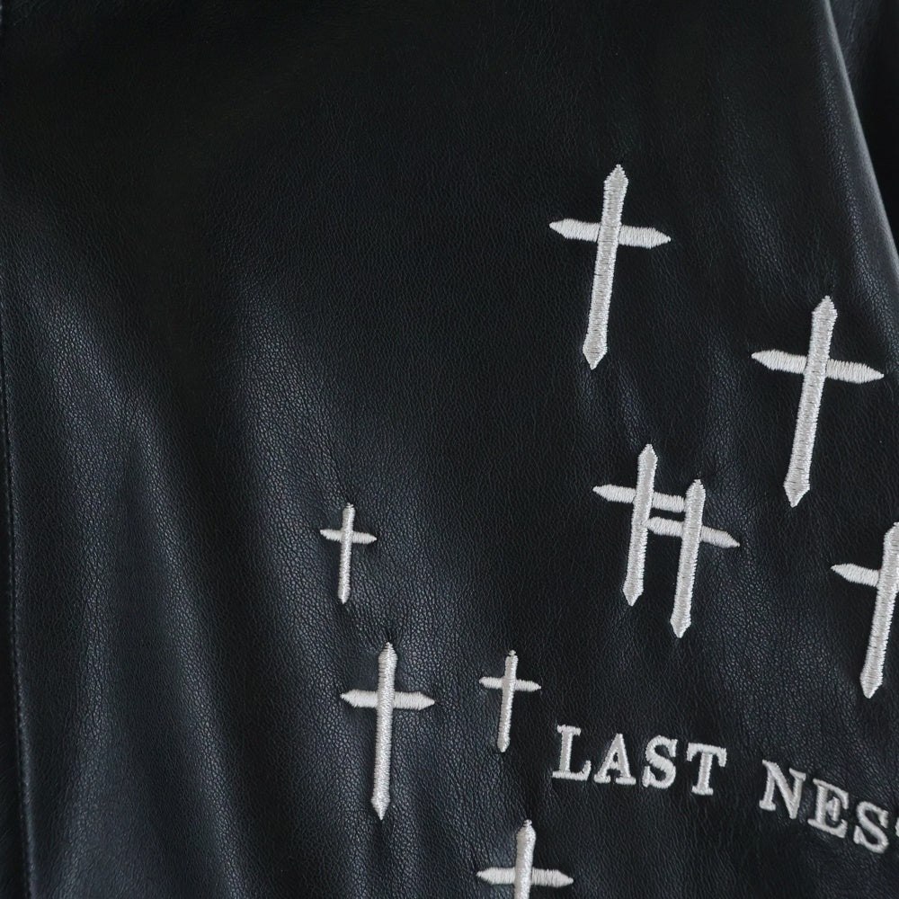 LAST NEST(ラスト ネスト) 25AW CROSS EMBROIDERY LEATHER ZIP HOODIE NUBIAN限定 フェイクレザー ジップアップフーディー ブラック