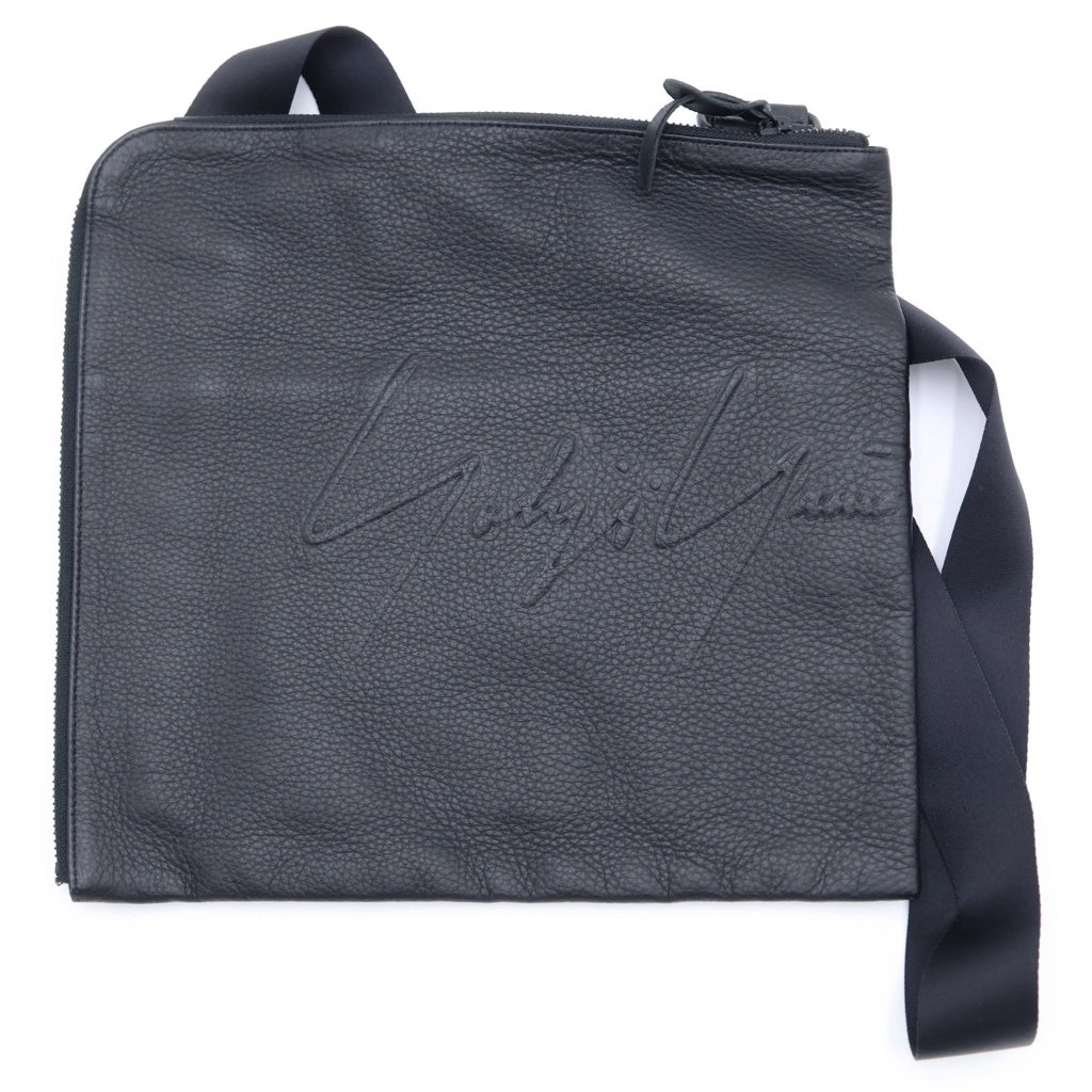Yohji Yamamoto POUR HOMME(ヨウジヤマモト プールオム) 19SS ソフトナッパレザー フロントロゴ シボ革 グレインレザー HH-I10-782 メッセンジャーバック ブラック