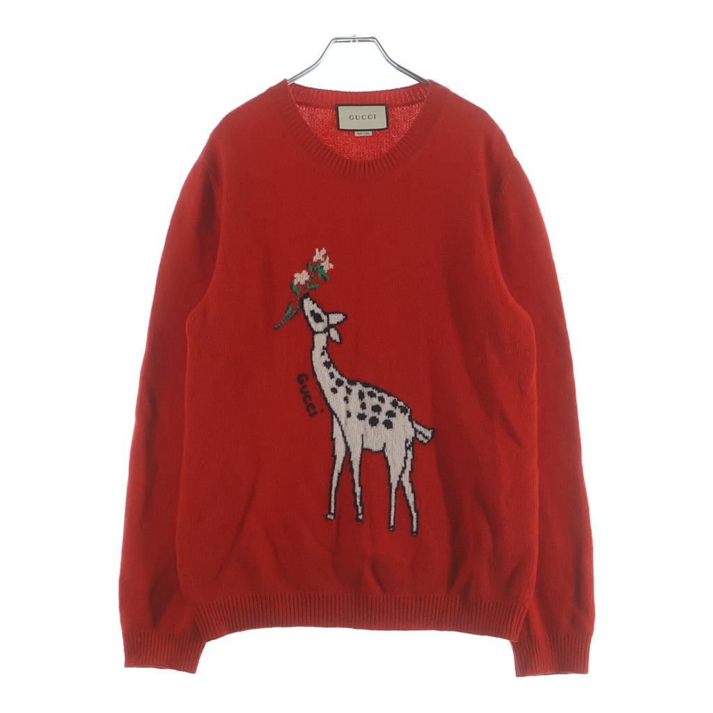 GUCCI(グッチ) Deerlet Wool Sweater ディアレットウールセーター ジラフモチーフ フロントロゴ クルーネックセーター レッド