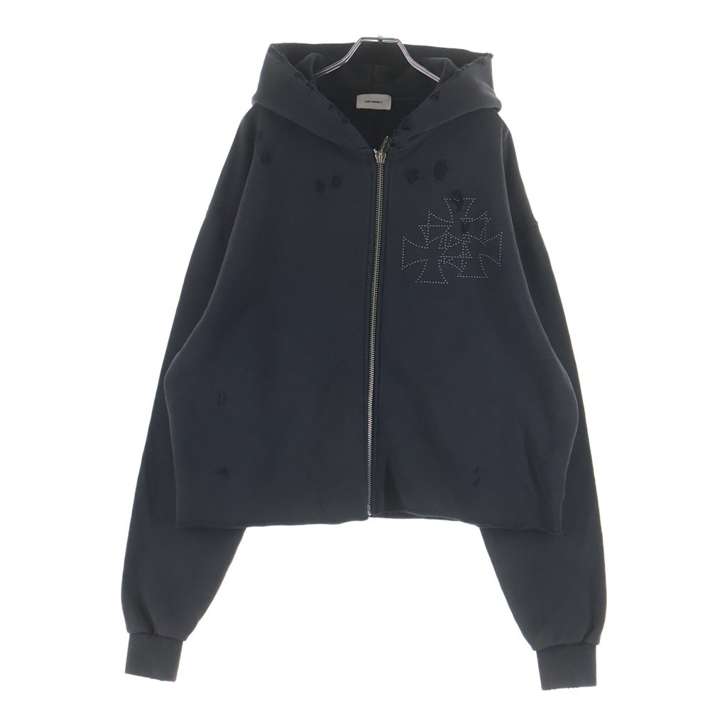 ASKYURSELF(アスクユアセルフ) Studded Rhinestone Three Cross Zip Up Hoodie スタッズ クロス 切りっぱなし ジップパーカー ブラック