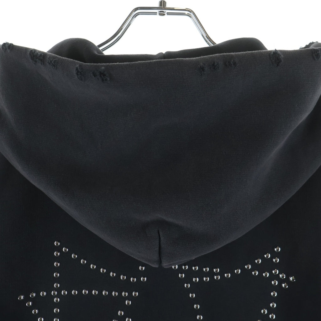 ASKYURSELF(アスクユアセルフ) Studded Rhinestone Three Cross Zip Up Hoodie スタッズ クロス 切りっぱなし ジップパーカー ブラック