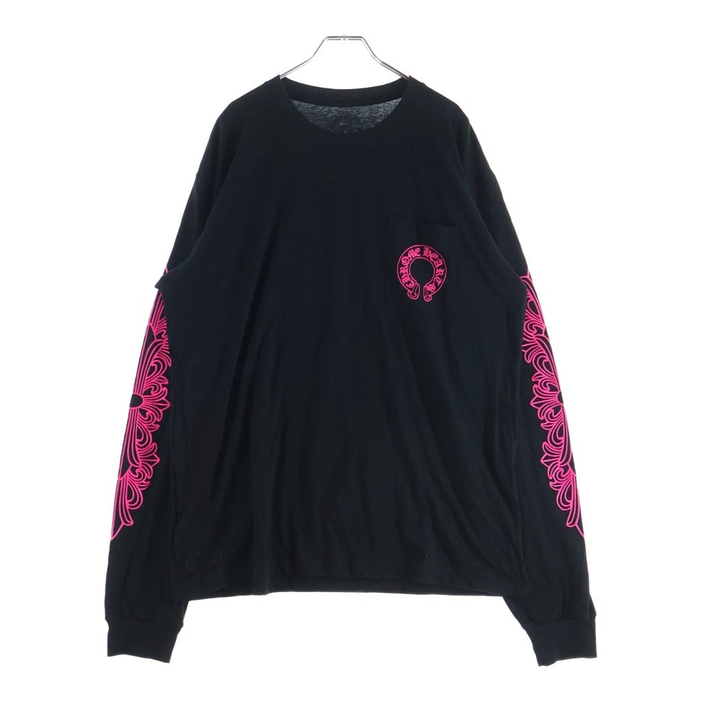 CHROME HEARTS(クロムハーツ) FLRL CRS HORSESHOE L/S 袖フローラルプリント クルーネック長袖Tシャツカットソー ブラック /ピンク