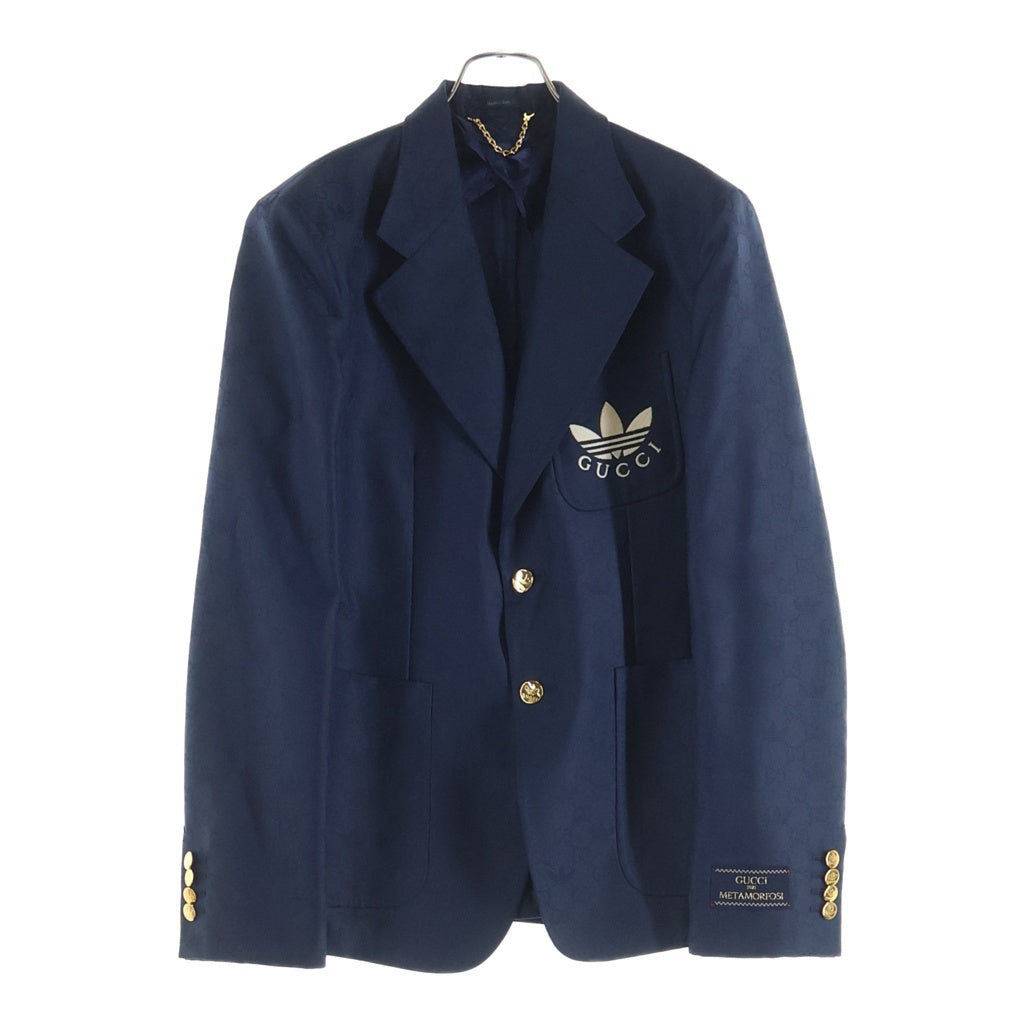 GUCCI(グッチ) ×ADIDAS トレフォイル ジャガード 胸ロゴ 3ストライプ 金ボタン 720968 テーラードジャケット ブルー