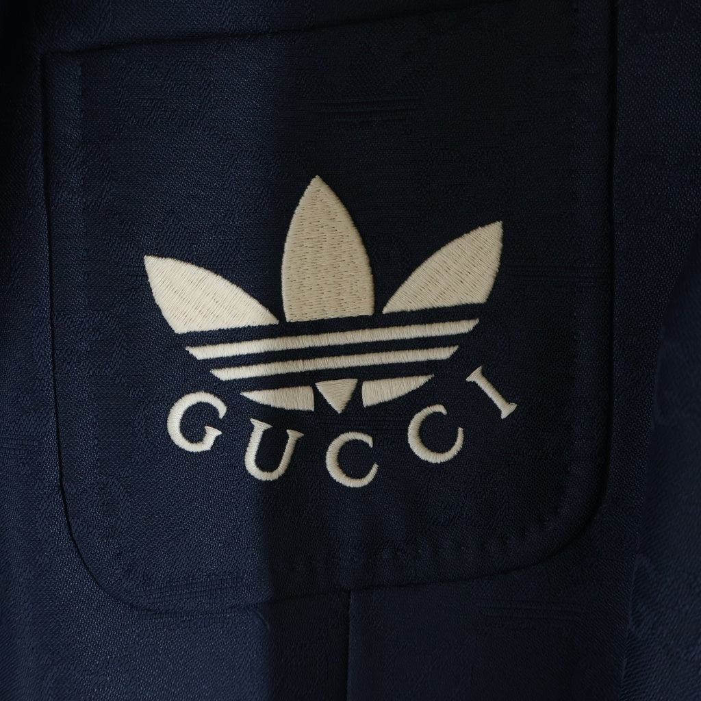 GUCCI(グッチ) ×ADIDAS トレフォイル ジャガード 胸ロゴ 3ストライプ 金ボタン 720968 テーラードジャケット ブルー