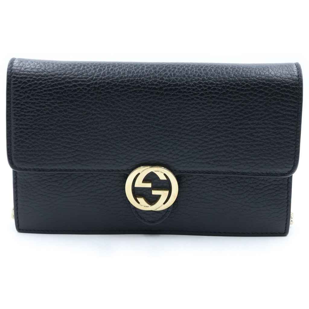 GUCCI(グッチ) インターロッキングG チェーンウォレット ゴールド金具 レザー ブラック 510314 レディース