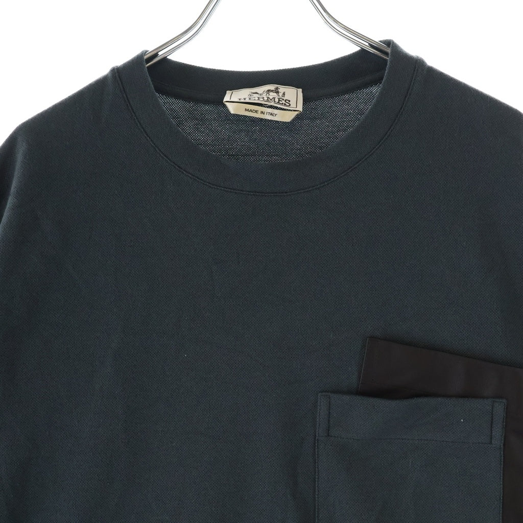 HERMES(エルメス) カシミヤ混 レザーポケット クルーネック半袖Tシャツカットソー グレー