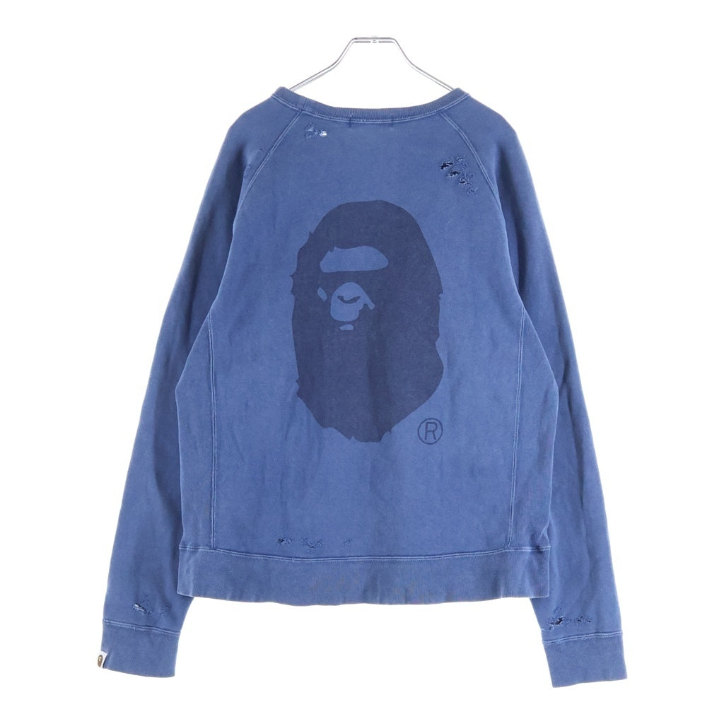A BATHING APE(アベイシングエイプ) 00s 染み込みプリント フロントロゴ ラグラン ダメージ加工 クルーネックスウェット