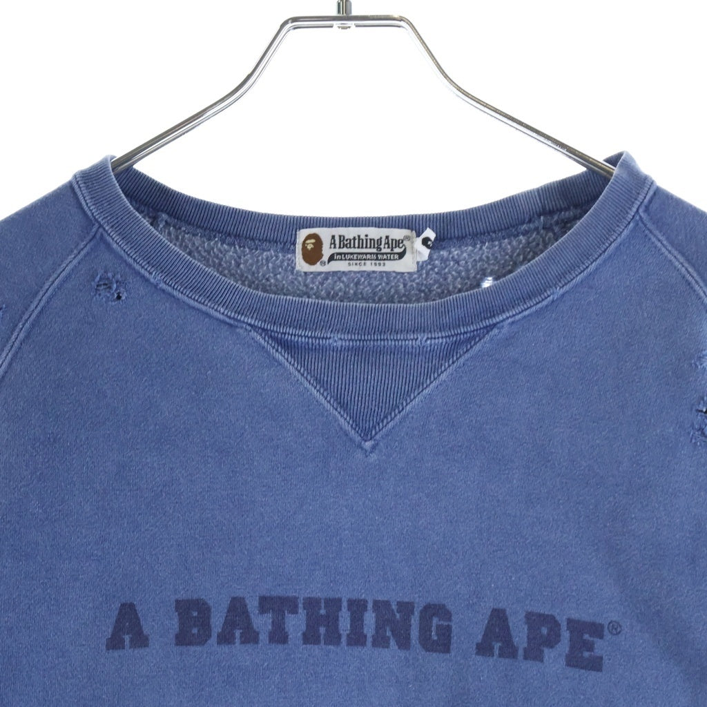 A BATHING APE(アベイシングエイプ) 00s 染み込みプリント フロントロゴ ラグラン ダメージ加工 クルーネックスウェット
