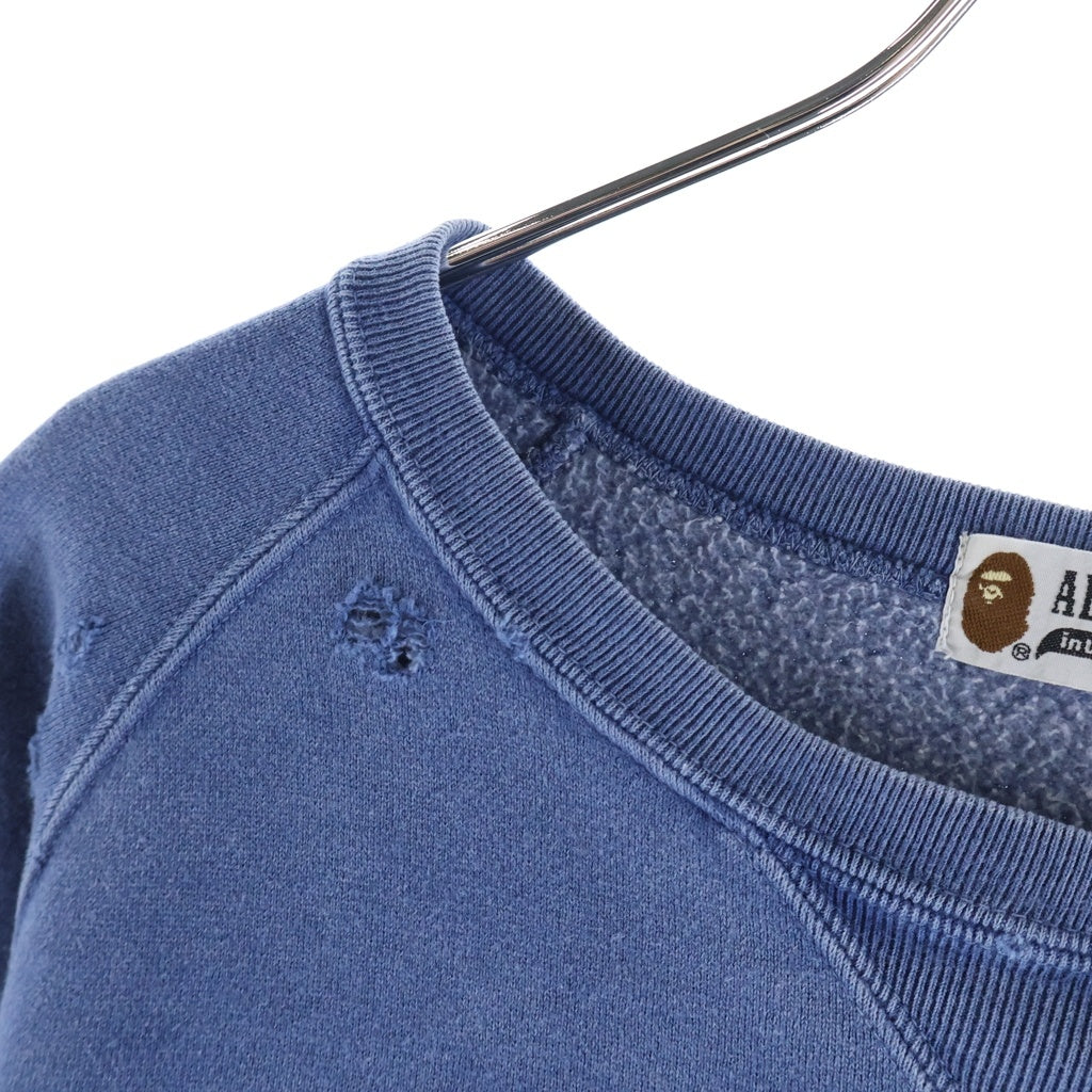 A BATHING APE(アベイシングエイプ) 00s 染み込みプリント フロントロゴ ラグラン ダメージ加工 クルーネックスウェット