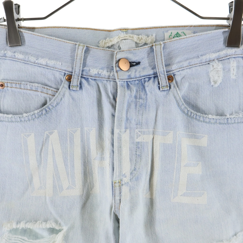 OFF-WHITE(オフホワイト) DISTRESSED DENIM ディストレスト フロントロゴ プリント ダメージデニム アイスブルー