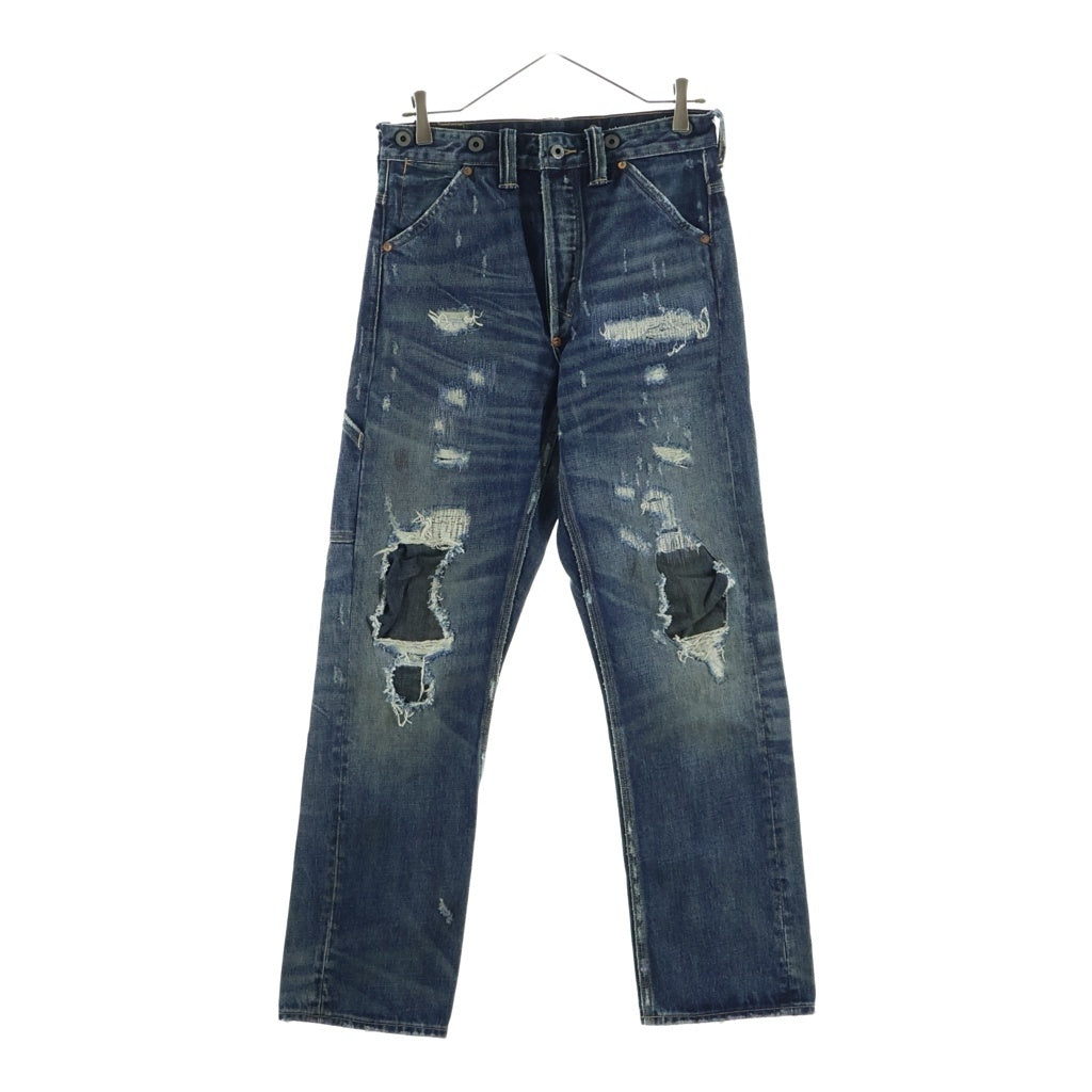 RRL(ダブルアールエル) ダメージ加工 ひげハチノス加工 月桂樹 サスペンダーボタン シンチバック W28 ストレートデニム R54
