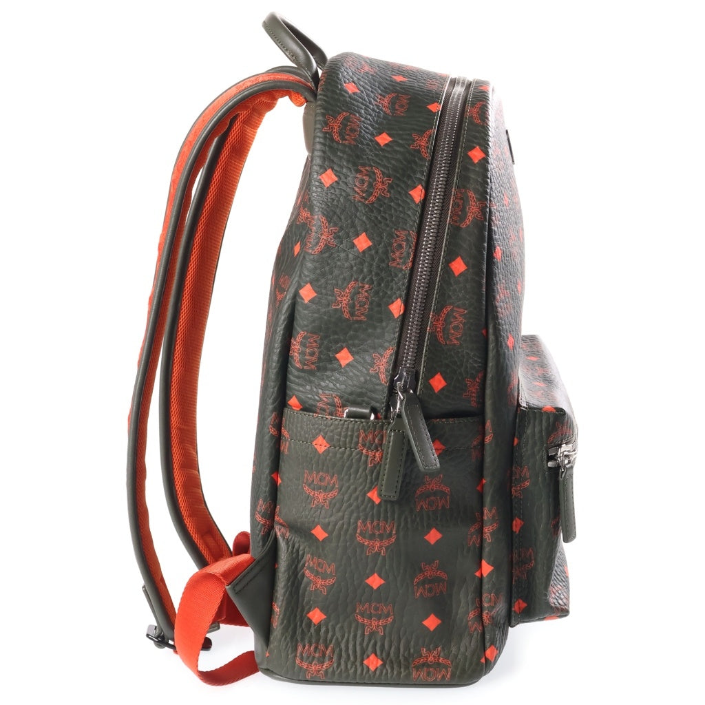 MCM(エム シー エム) モノグラムロゴ ヴィセトス スターク レザー バックパック カーキ/オレンジ レディース