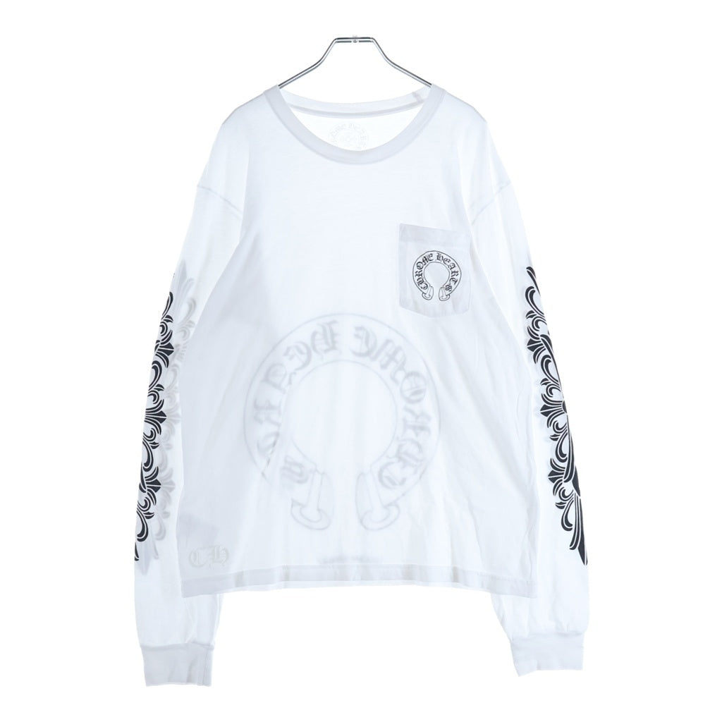 CHROME HEARTS(クロムハーツ) FLOLAL CROSS HORSESHOE L/S Tee フローラルクロス バックホースシュープリント 長袖Tシャツ ホワイト