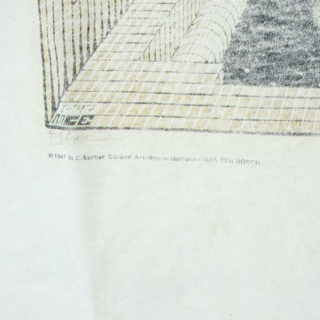 VINTAGE(ヴィンテージ) 90s M.C. ESCHER Another World エッシャー アナザーワールド 裾袖シングル クルーネックTシャツ ホワイト