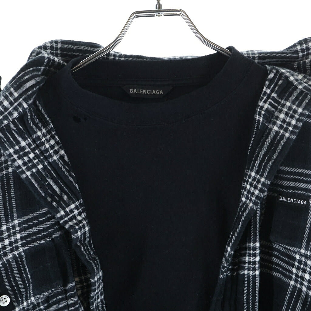 BALENCIAGA(バレンシアガ) 22SS TROMPE LCEIL SHIRTS ドッキングチェック長袖シャツ ブラック 699371 TMM03