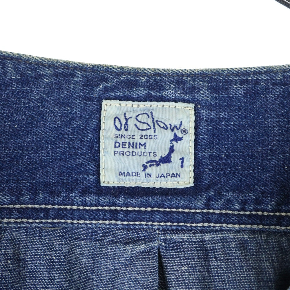 orslow(オアスロー) ノーカラー フロントボタン デニム ロングジャケット インディゴブルー