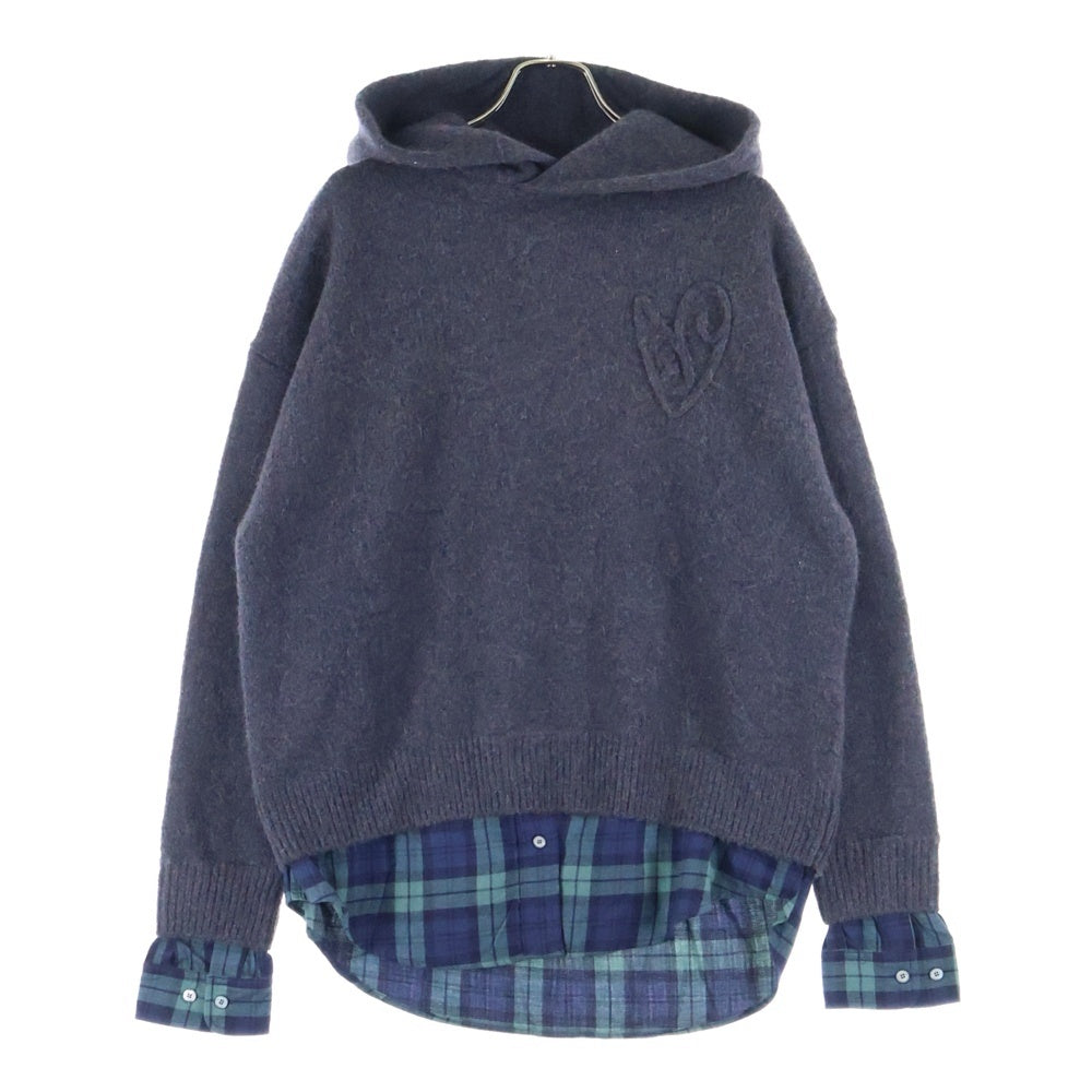 Acne Studios(アクネ ストゥディオズ) Layered Wool Hoodie チェック柄レイヤード エンボスロゴ ウール プルオーバーパーカー ネイビー/ブラウン FN-WN-KNIT000891 レディース