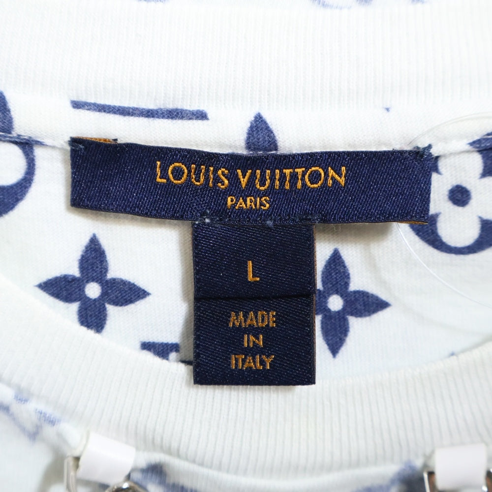 LOUIS VUITTON(ルイヴィトン) 20SS エスカルプリント モノグラム総柄 フロントネックチェーン クルーネック 半袖Tシャツ カットソー ホワイト/ネイビー RW202W UYZ FJTS01