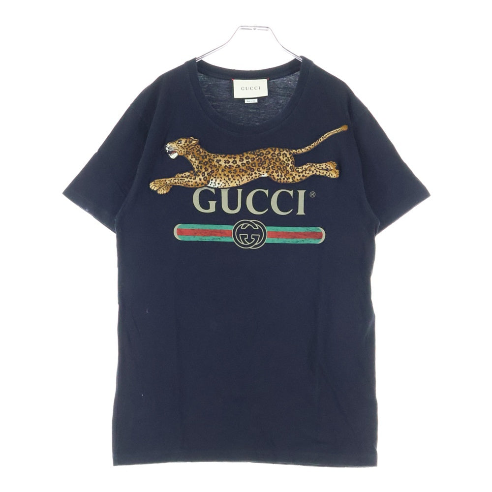 GUCCI(グッチ) パンサー刺繍 ロゴプリント クルーネック 半袖Tシャツ カットソー ブラック 493117