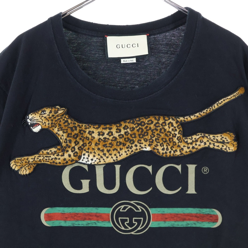 GUCCI(グッチ) パンサー刺繍 ロゴプリント クルーネック 半袖Tシャツ カットソー ブラック 493117