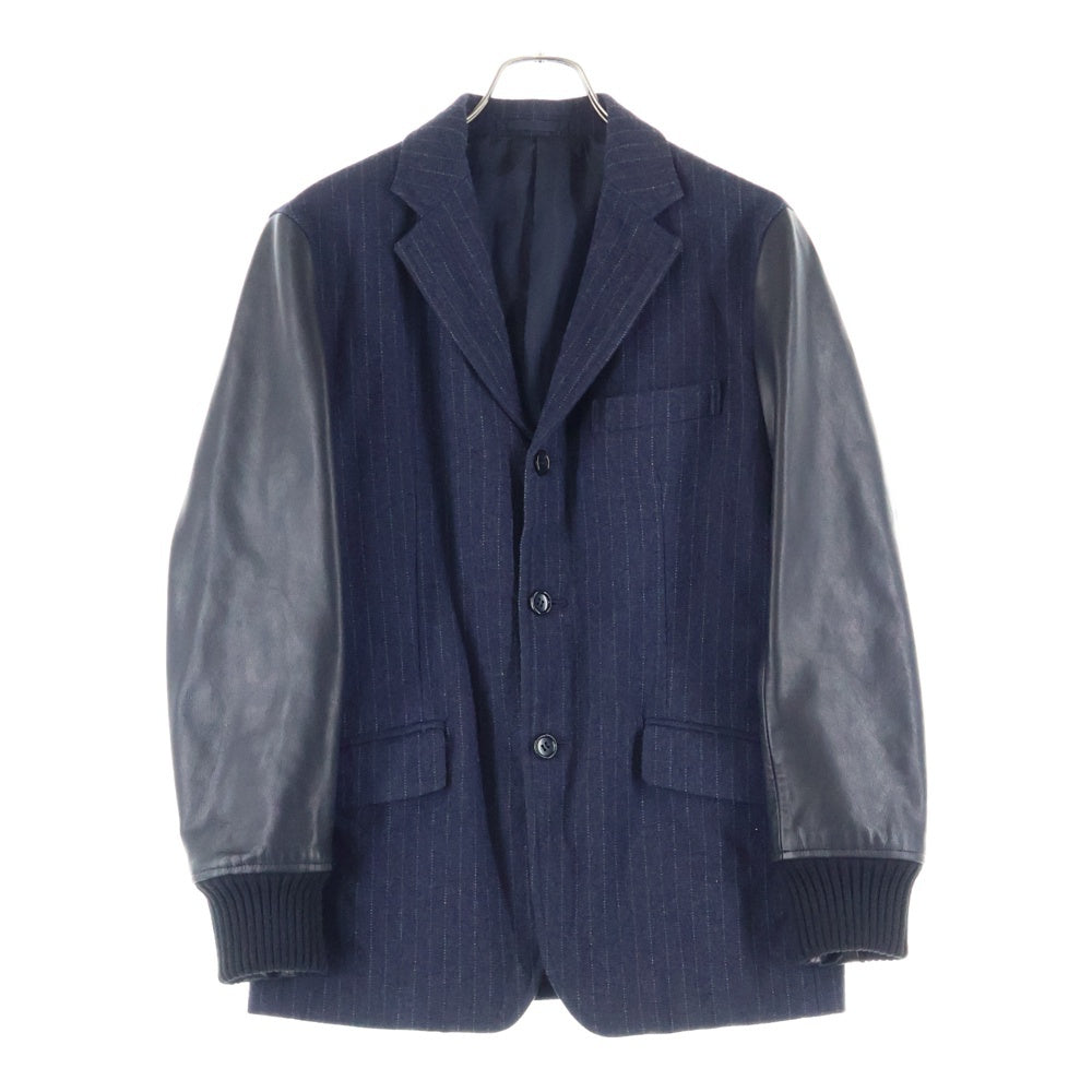 COMME des GARCONS HOMME(コムデギャルソンオム) 16AW ARM LEATHER PIN STRIPE 3B TAILORED アームレザー切替 ピンストライプ ウール テーラードジャケット ネイビー/ブラック HR-J043