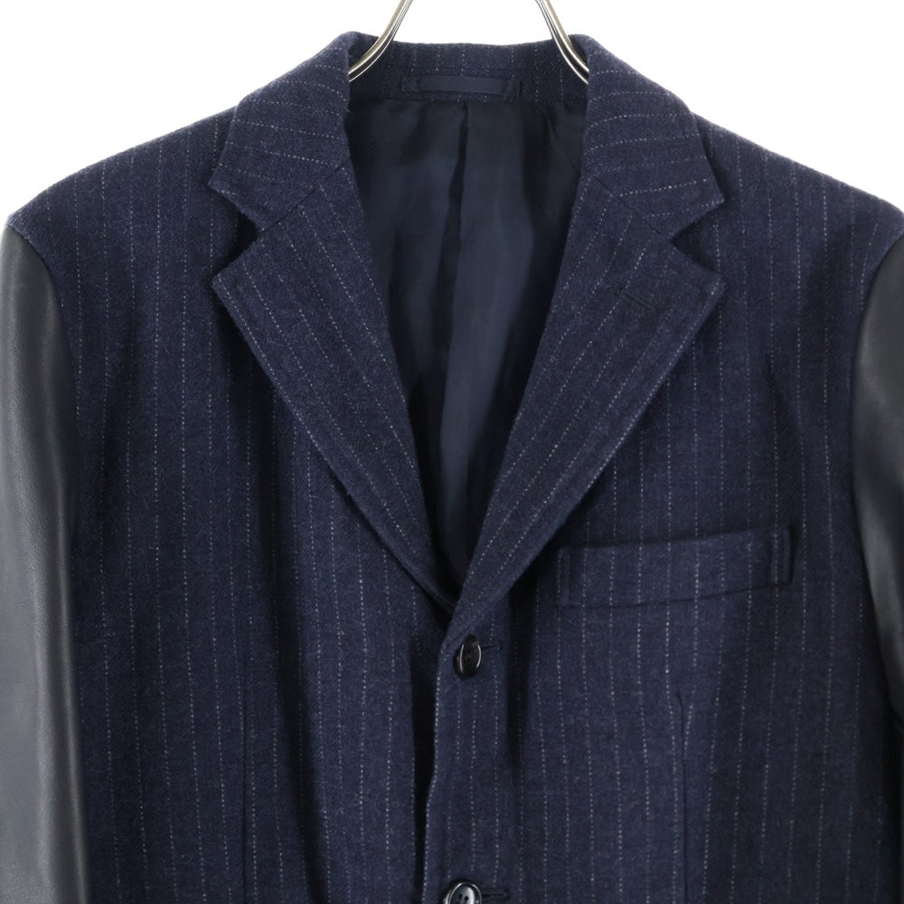 COMME des GARCONS HOMME(コムデギャルソンオム) 16AW ARM LEATHER PIN STRIPE 3B TAILORED アームレザー切替 ピンストライプ ウール テーラードジャケット ネイビー/ブラック HR-J043