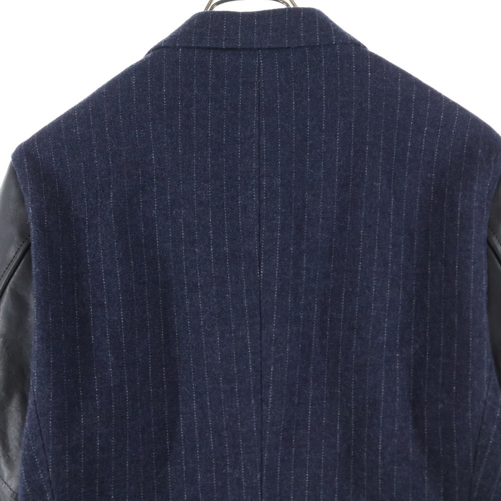 COMME des GARCONS HOMME(コムデギャルソンオム) 16AW ARM LEATHER PIN STRIPE 3B TAILORED アームレザー切替 ピンストライプ ウール テーラードジャケット ネイビー/ブラック HR-J043