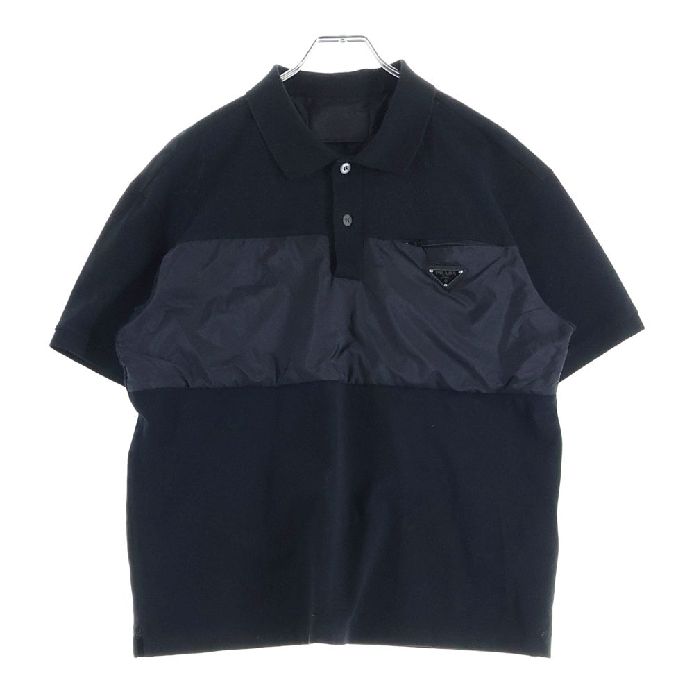 PRADA(プラダ) ナイロンディテール ピケ ポロシャツ ロゴプレート付きナイロン半袖ポロシャツ UJN737 S212 1YR5 ブラック