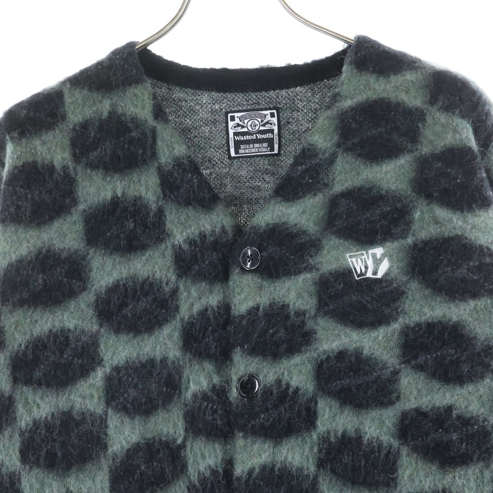 WASTED YOUTH(ウェイステッドユース) KNIT CARDIGAN ロゴ刺繍 カラーブロック モヘアニットカーディガン グリーン/ブラック WY28CS003