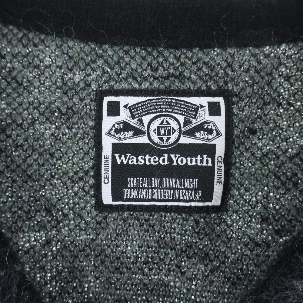 WASTED YOUTH(ウェイステッドユース) KNIT CARDIGAN ロゴ刺繍 カラーブロック モヘアニットカーディガン グリーン/ブラック WY28CS003