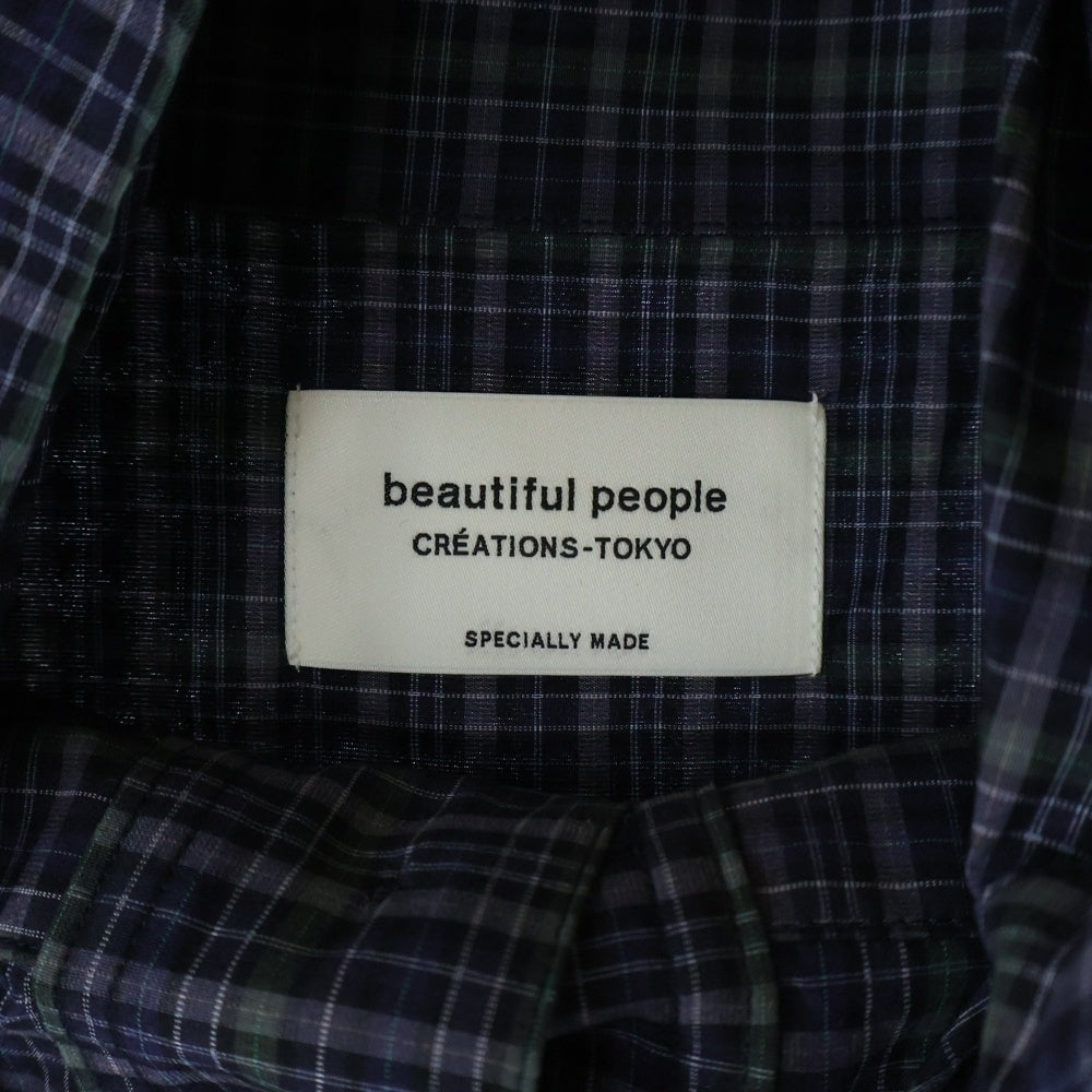 beautiful people(ビューティフルピープル) チェックアノラックシャツ フロントボタン フーディ長袖シャツ パープル