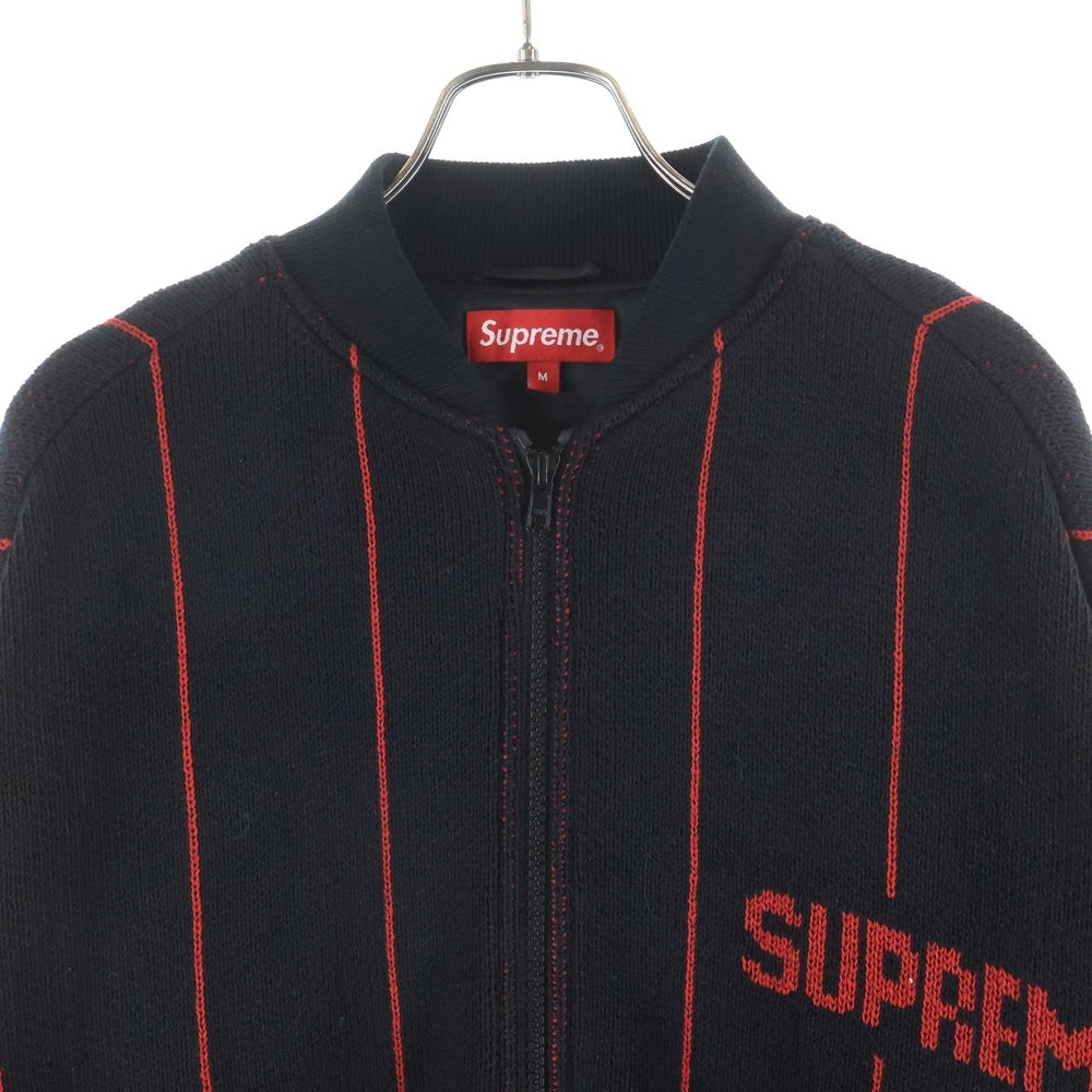 SUPREME(シュプリーム) 23SS Pinstripe Varsity Zip Up Sweater ピンストライプ バーシティ ジップアップ 長袖セーター ブラック/レッド