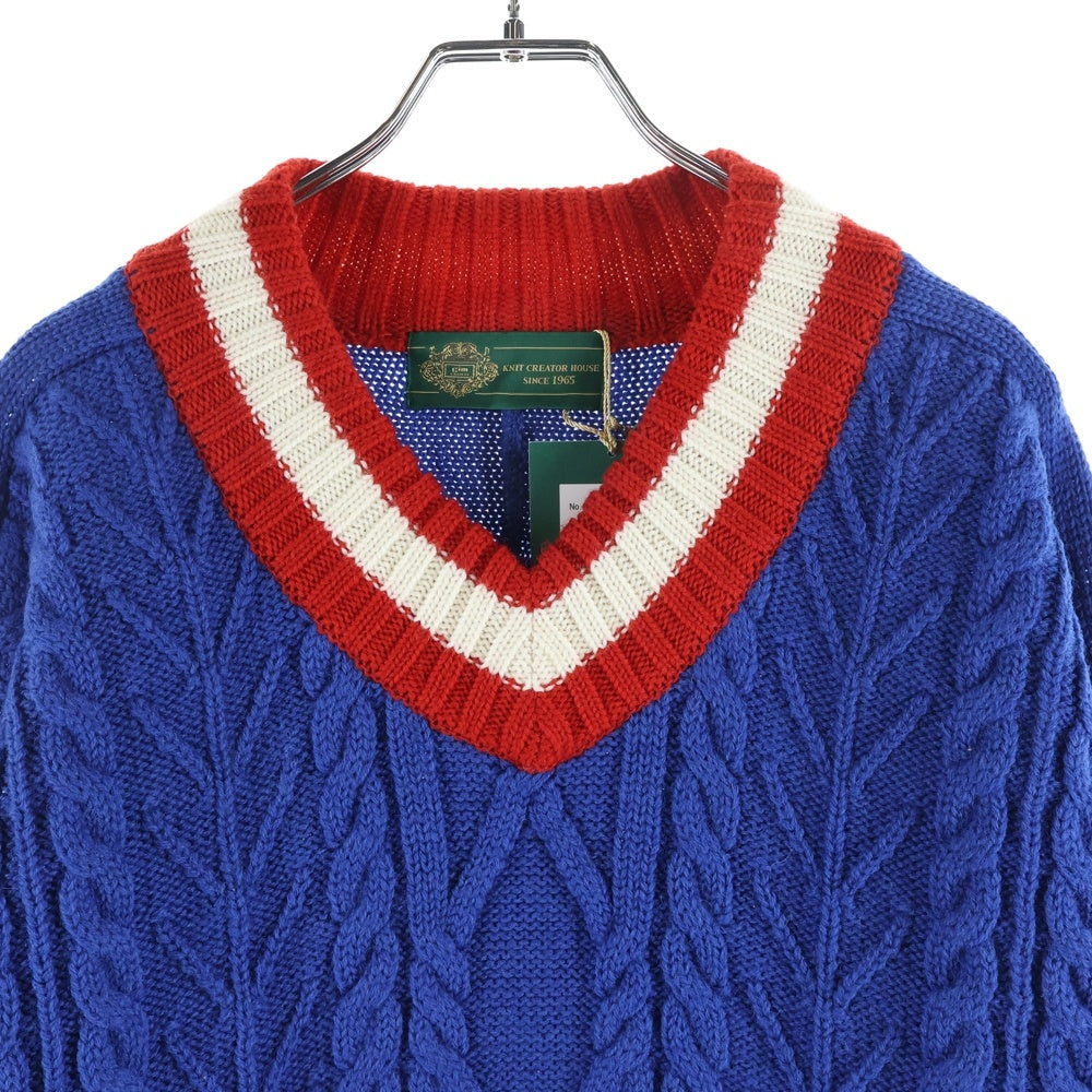 gim(ジム) Knitted Hockey Jersey Vネック ウール ケーブルニットセーター ネイビー 23505130