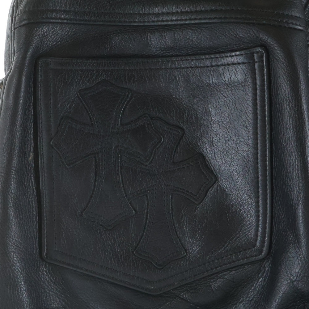 CHROME HEARTS(クロムハーツ) LTHR PANTS セメタリークロスパッチ クロスボールボタン フレアニー レザーパンツ ブラック