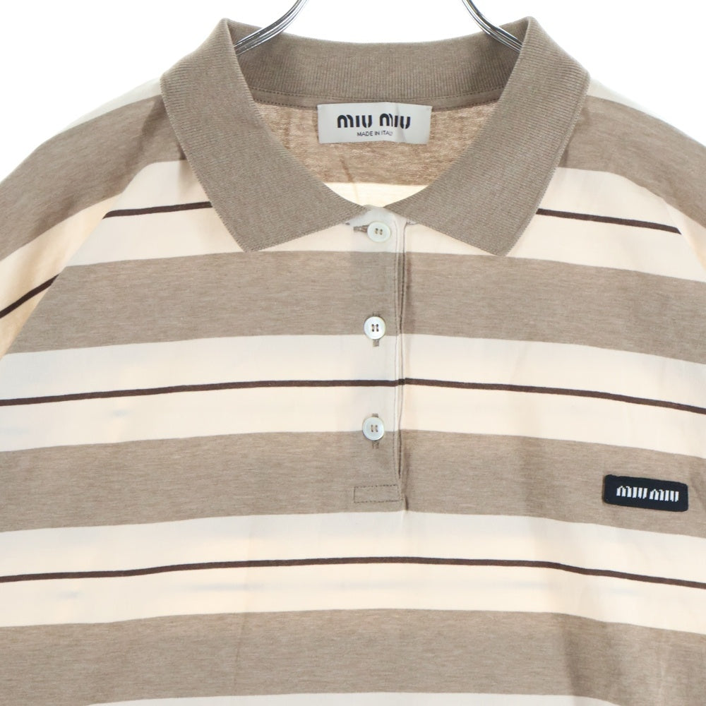 miumiu(ミュウミュウ) 25SS ロゴパッチ オーバーサイズ コットンジャージー 長袖ポロシャツ ベージュ/ブラウン MJL015_14RT_F032R_S_OOO レディース