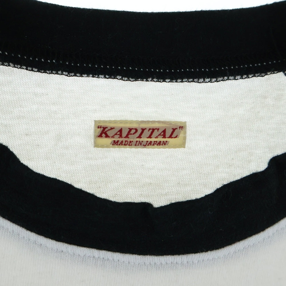 KAPITAL(キャピタル) 天竺 DENIM MEN LOVE CATS キャットプリント クルーネック 半袖リンガーTシャツ カットソー ホワイト