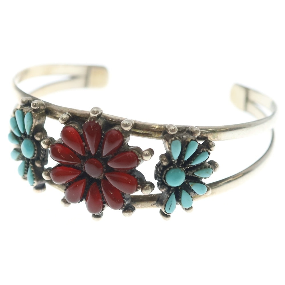 INDIAN JEWELRY(インディアンジュエリー) フラワーモチーフ 赤珊瑚 ターコイズ バングル シルバー