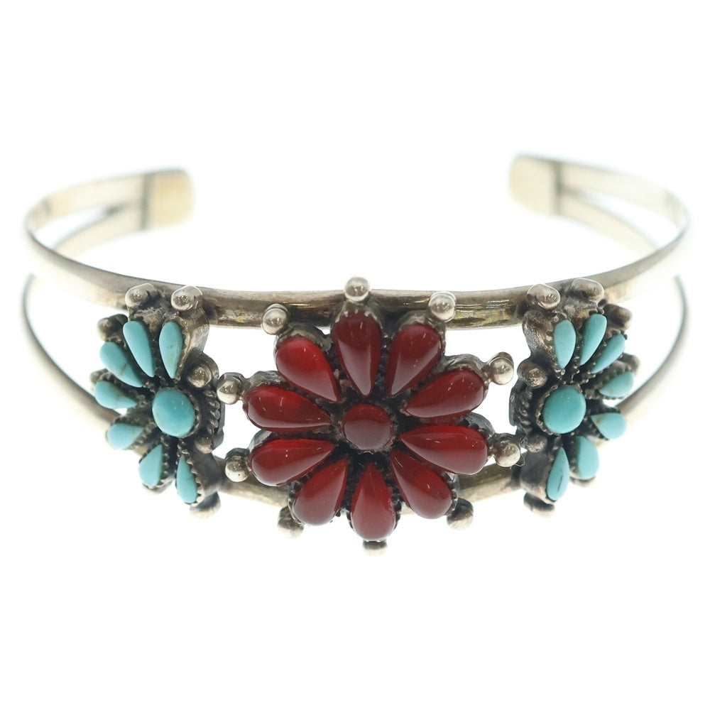 INDIAN JEWELRY(インディアンジュエリー) フラワーモチーフ 赤珊瑚 ターコイズ バングル シルバー