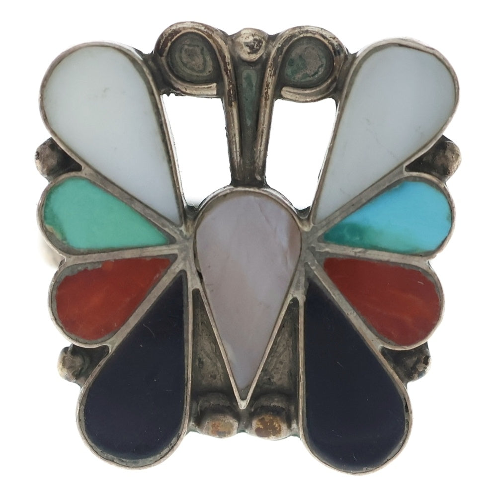 INDIAN JEWELRY(インディアンジュエリー) ZUNI族 ズニ族 D.S刻印バタフライモチーフ カラーストーン リング シルバー