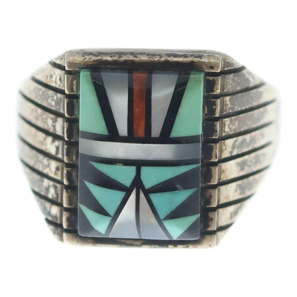 INDIAN JEWELRY(インディアンジュエリー) ZUNI S.B.刻印 ズニ族 マルチストーン インレイワーク リング シルバー