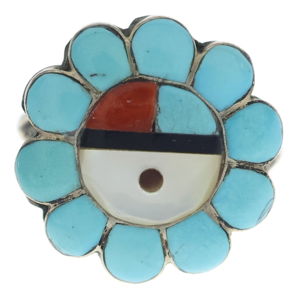 INDIAN JEWELRY(インディアンジュエリー) ZUNI ズニ族 インレイワーク フラワー サンフェイスモチーフ リング シルバー