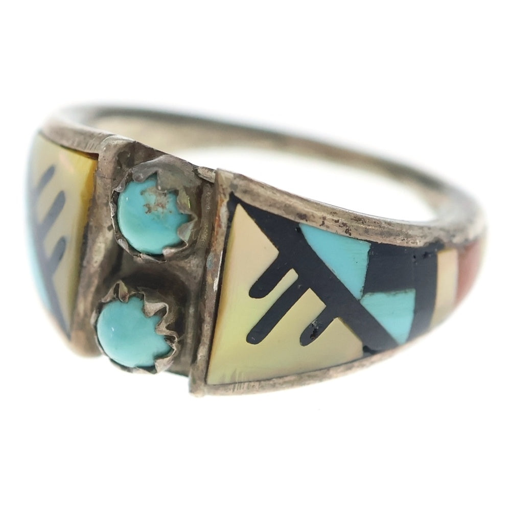 INDIAN JEWELRY(インディアンジュエリー) ZUNI CHOOKE ズニ族 チョーク 幾何学模様 インレイワーク リング シルバー/ターコイズ