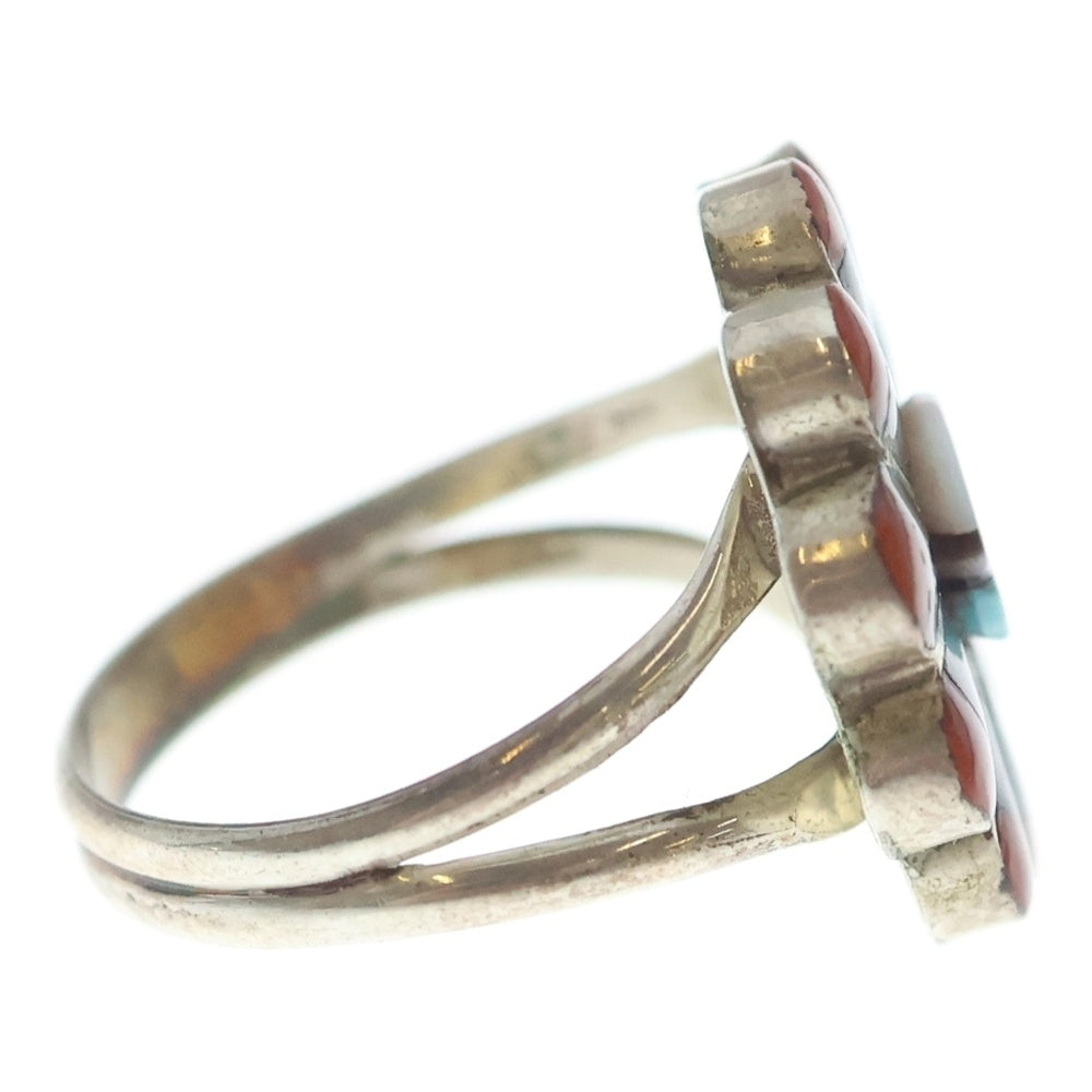 INDIAN JEWELRY(インディアンジュエリー) ZUNI RJV刻印 ズニ族 サンフェイス コーラル ジェット インレイワーク リング シルバー/マルチ