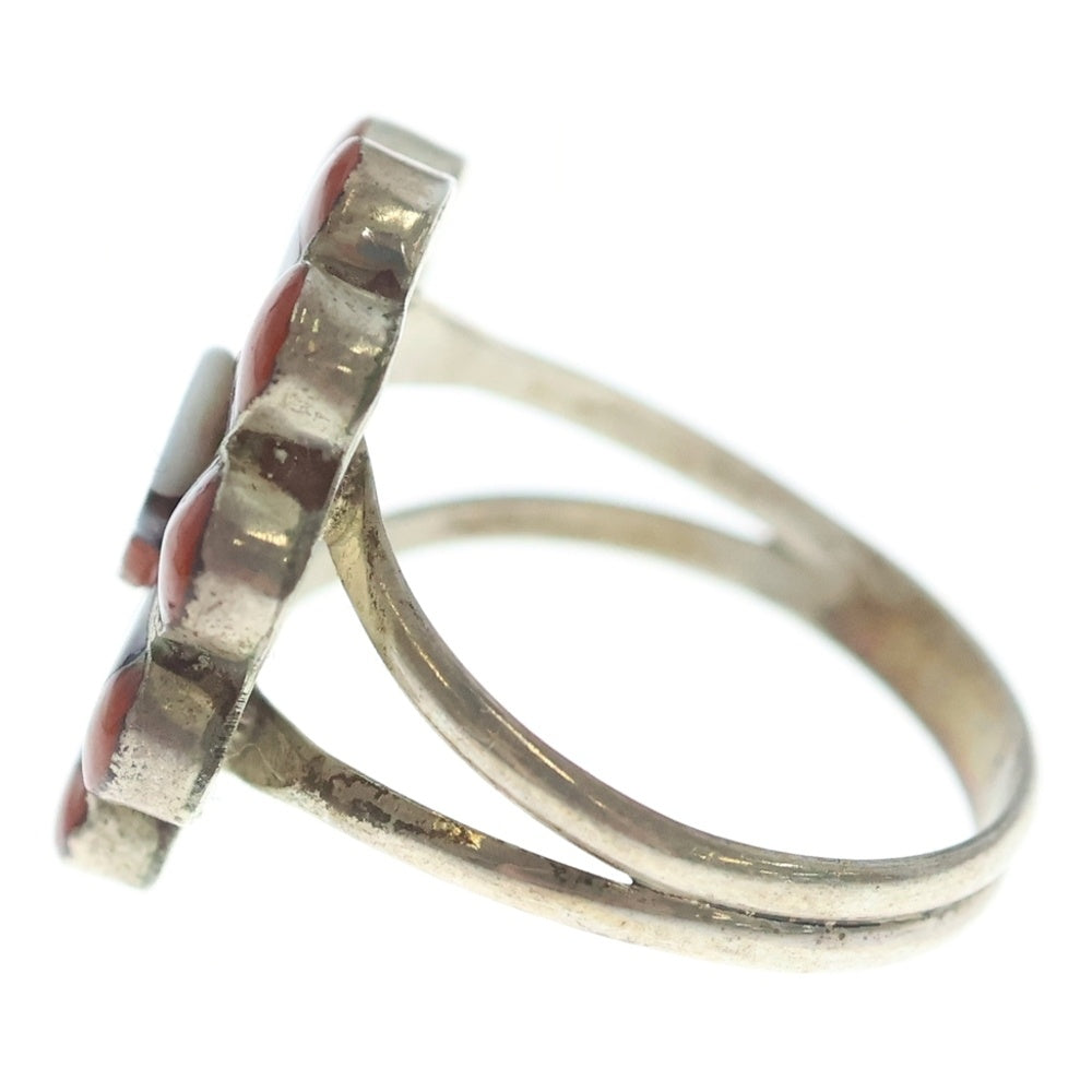 INDIAN JEWELRY(インディアンジュエリー) ZUNI RJV刻印 ズニ族 サンフェイス コーラル ジェット インレイワーク リング シルバー/マルチ
