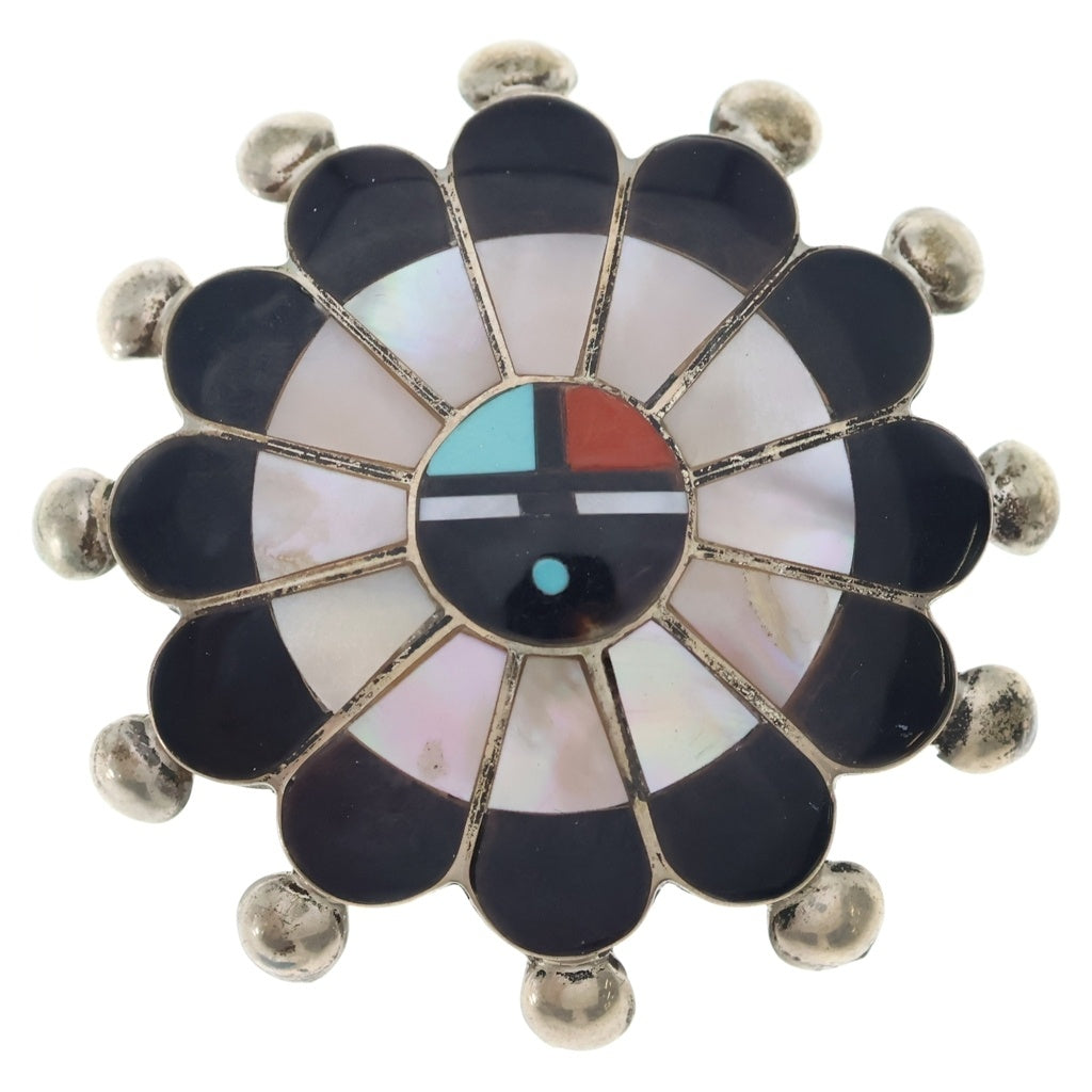 INDIAN JEWELRY(インディアンジュエリー) ZUNI Pauline Lonjose ズニ族 ポーリンロンジョセ サンフェイス インレイワーク ブローチ ペンダントトップ シルバー/マルチ