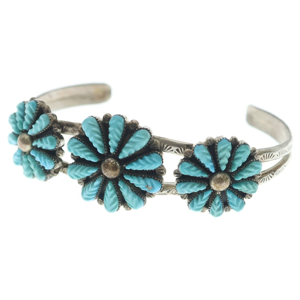 INDIAN JEWELRY(インディアンジュエリー) ZUNI Robert Eustace ズニ族 ロバートエスタース フラワーモチーフ ターコイズクラスター バングル ブレスレット シルバー/ターコイズ