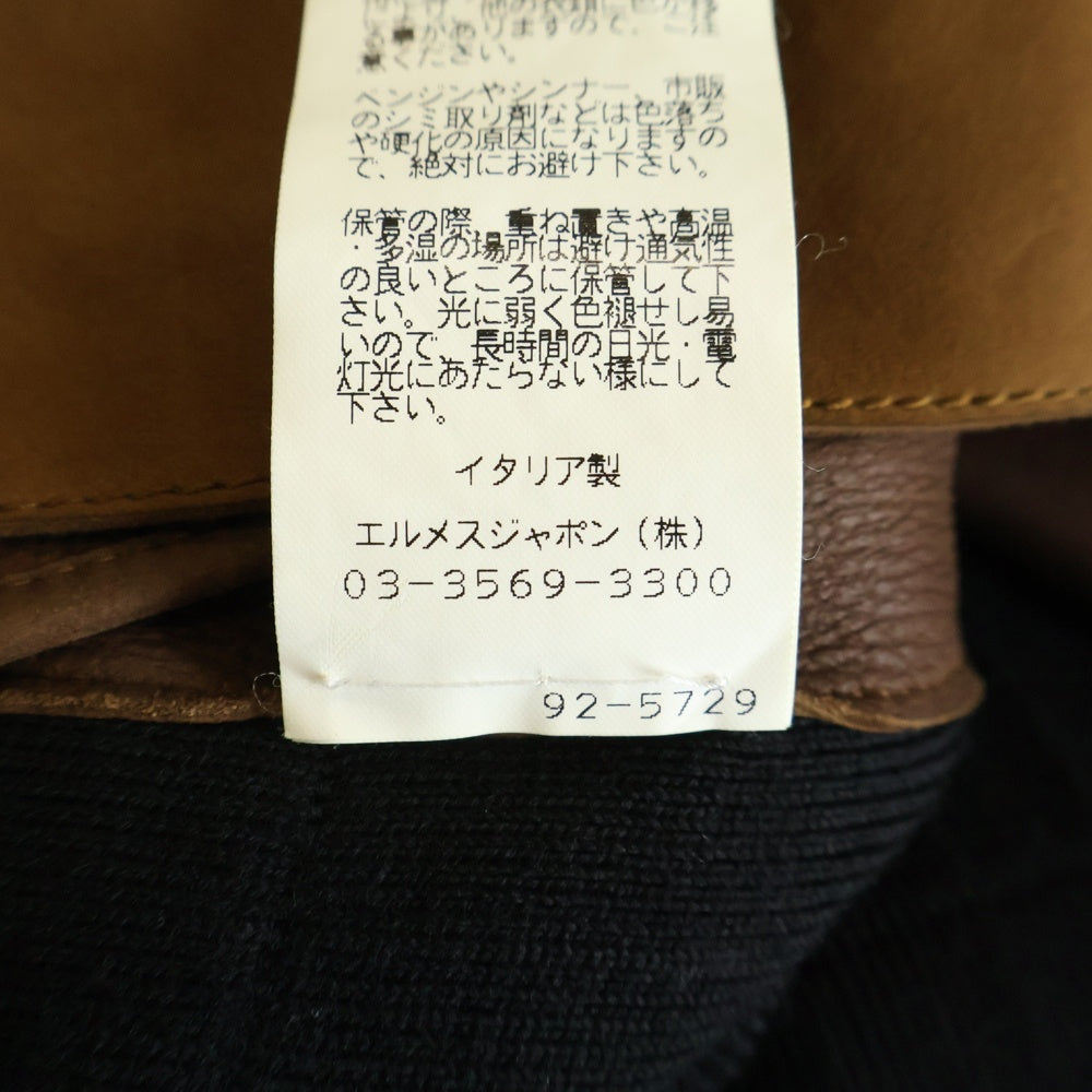 HERMES(エルメス) フロントボタン レザー切替 ドッキング 長袖ウールニットカーディガン ブラック/ブラウン