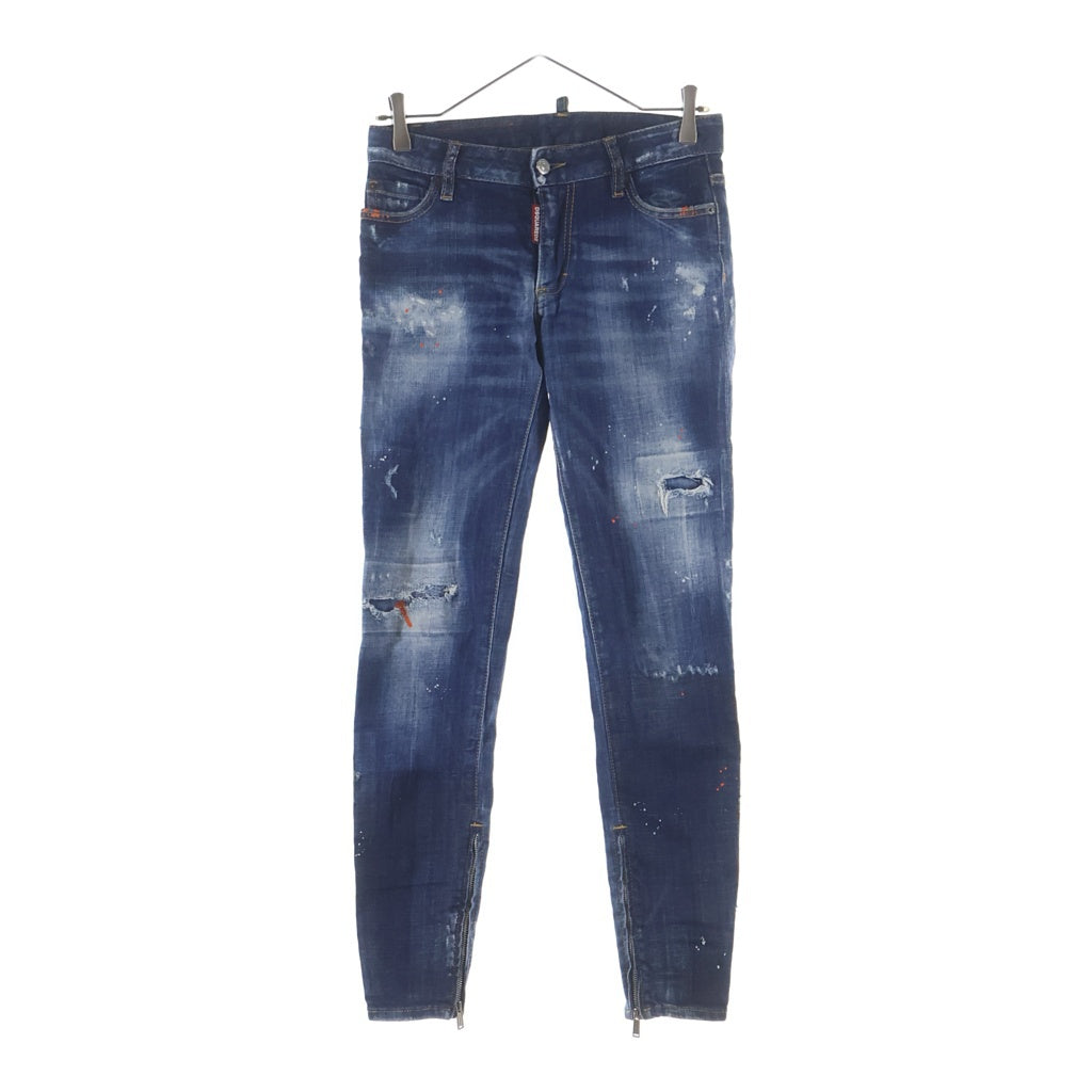 DSQUARED2(ディースクエアード) 20SS ペイントクラッシュ加工 裾ジップ スキニーデニムパンツ インディゴ レディース S75LB0272 S30342